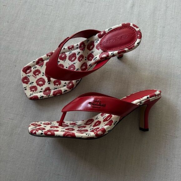 NEW COACH Women's Thong Kitten Heel With Floral Print Bold Red CBM86 US 8.5 - Picture 2 of 10